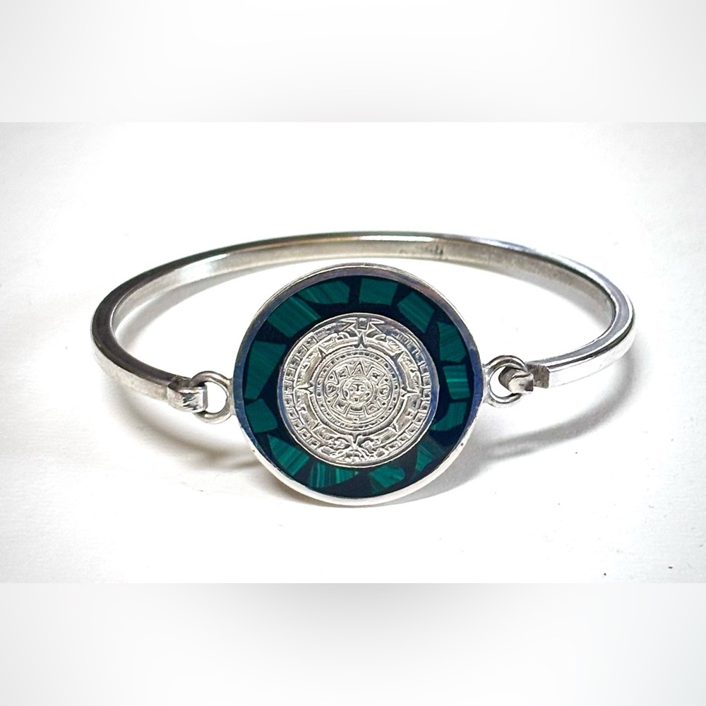 Vintage Taxco Sterling Silver Malachite Inlay Aztec Mayan Calendar Bracelet